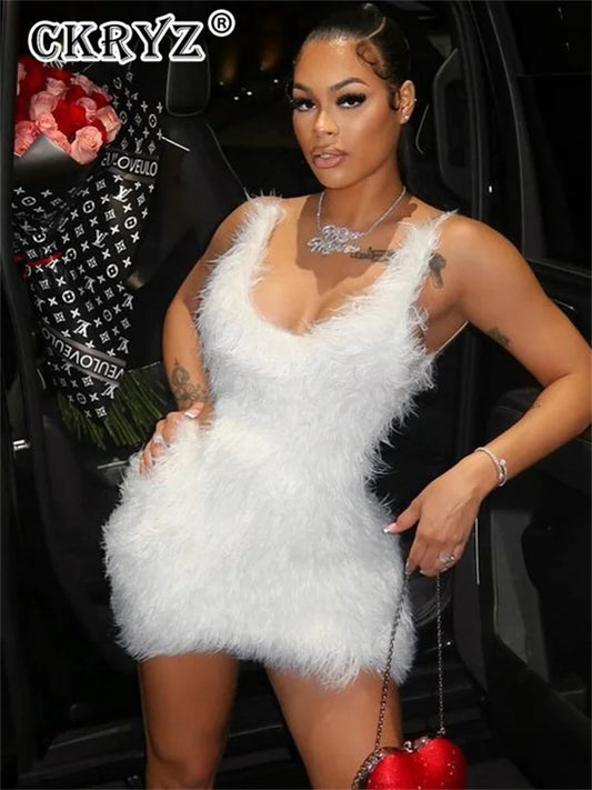 Ladies Autumn Feather New Fashion Night Clubwear Dress Women Sleeveless Backless Bodycon Mini Dresses Evening Party Fall Outfits