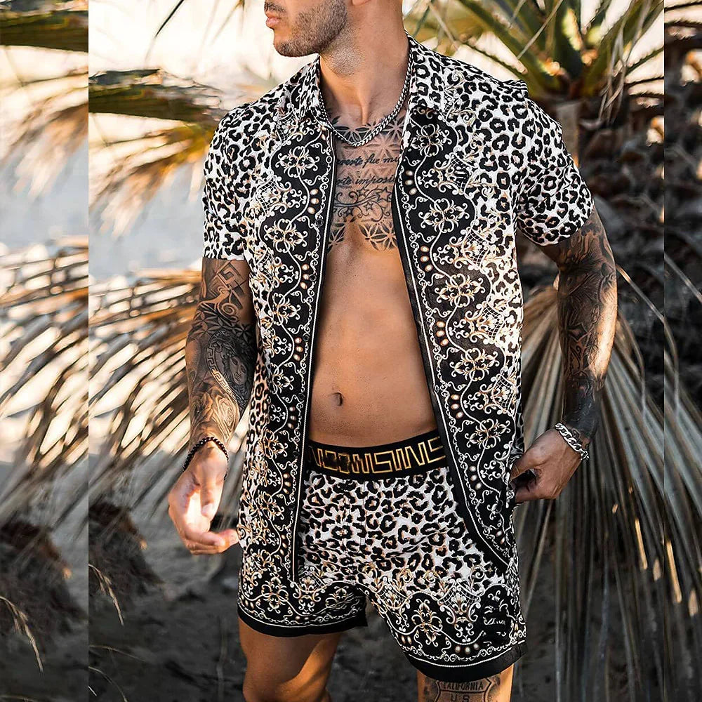 Leopard Print Short Sleeve Shirt And Shorts