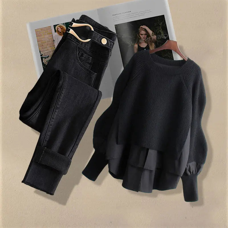 Korean Inspired Matching Set - Trendy Blouse & Slim Jeans