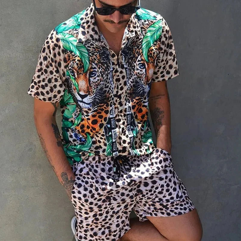 Leopard Print Short Sleeve Shirt And Shorts