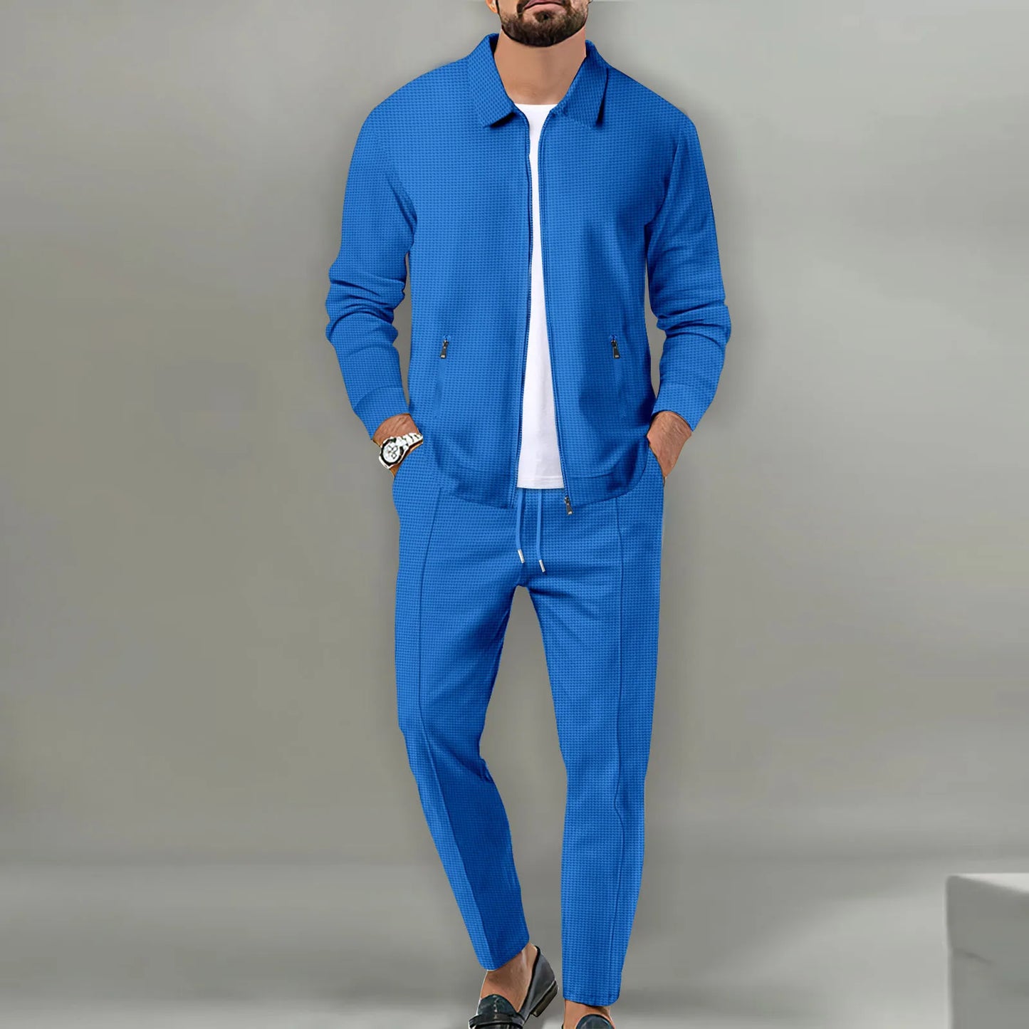 Autumnwinter men's casual blazer set new fashion Waffle baseball suit round neck pocket zipper long sleeve trousers two-piece se