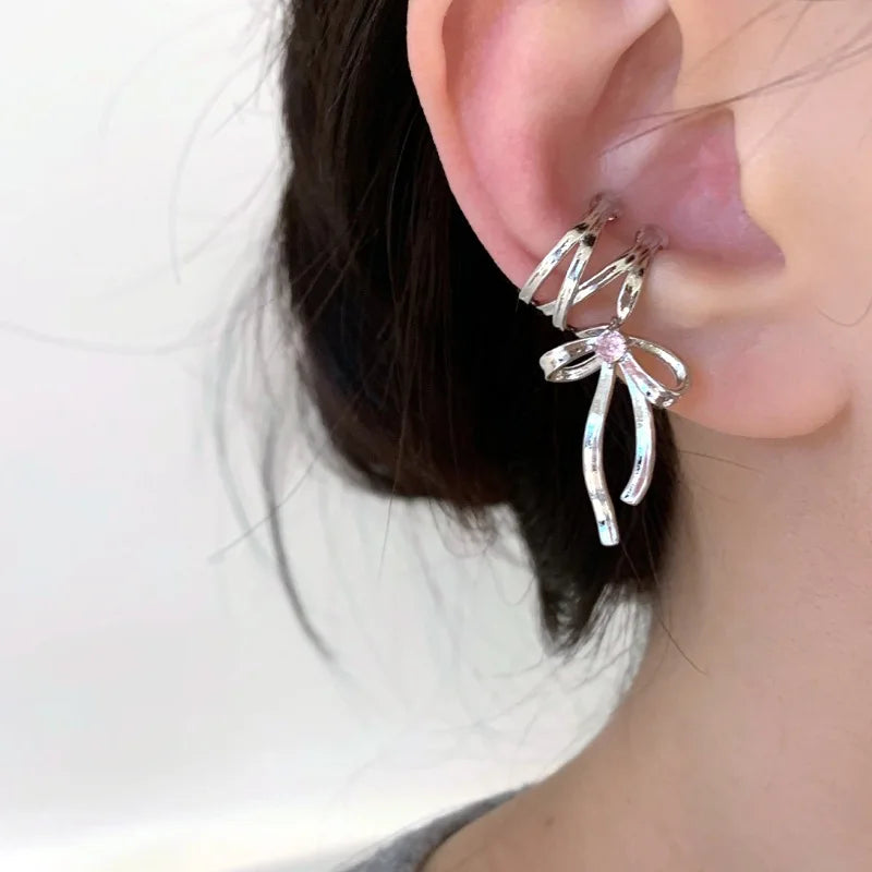 Y2K Girls New Ribbon Aesthetics Ear Clips Ballet Style Ribbon Bow-Knot Ear Cuff Women Korean Fashion Kpop Earring Jewelry Gifts