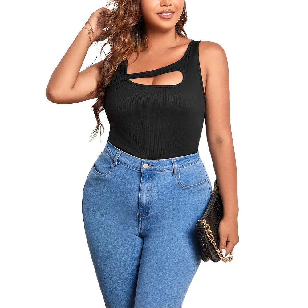 Large Size Women's 2025 New Ins Style Asymmetrical Shoulder Strap Hollowed Out Slim Fit Solid Color Vest Top Blouses Woman Y2k