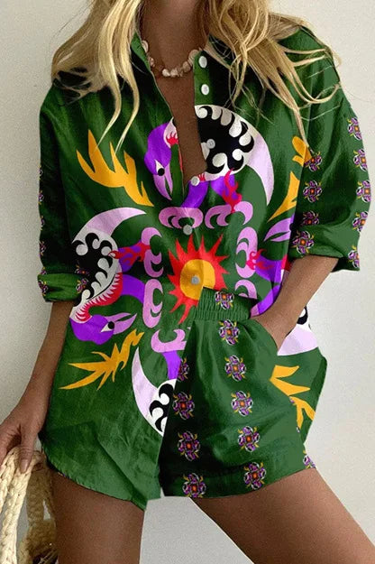 2025 New Style Vacation Cruise Set, Two Piece Set, Digital Print, Tropical Printed Necklace Shirt+Wide Leg Pants Women's Wear
