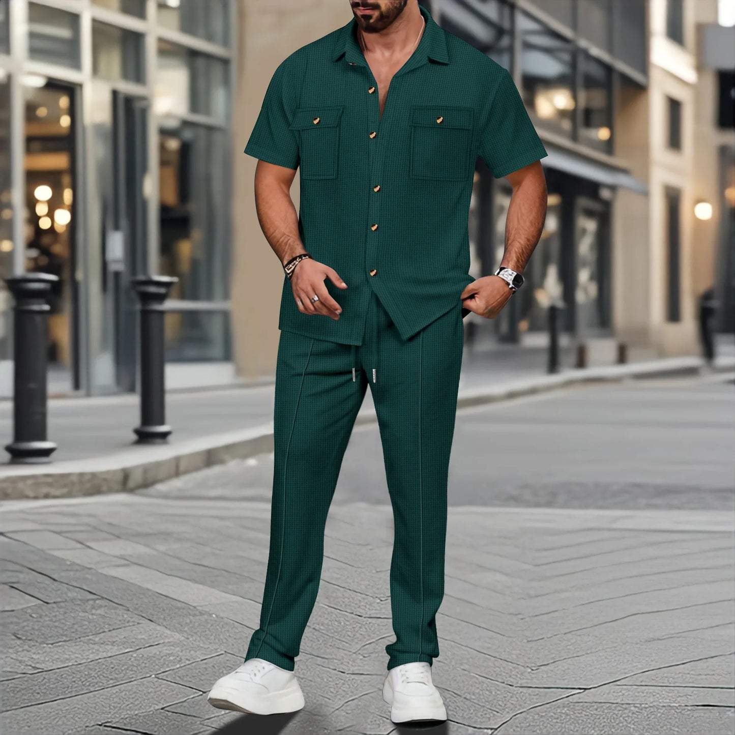 Men's waffle trend shirt short-sleeved two-piece set