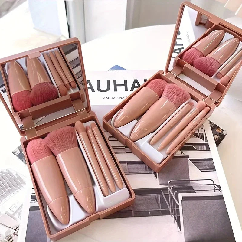 5 PCs Cosmetic Brush Portable Makeup Brush Travel With Mirror Box Makeup Set Brush Loose Brush Blush Brush Eyeshadow Brush