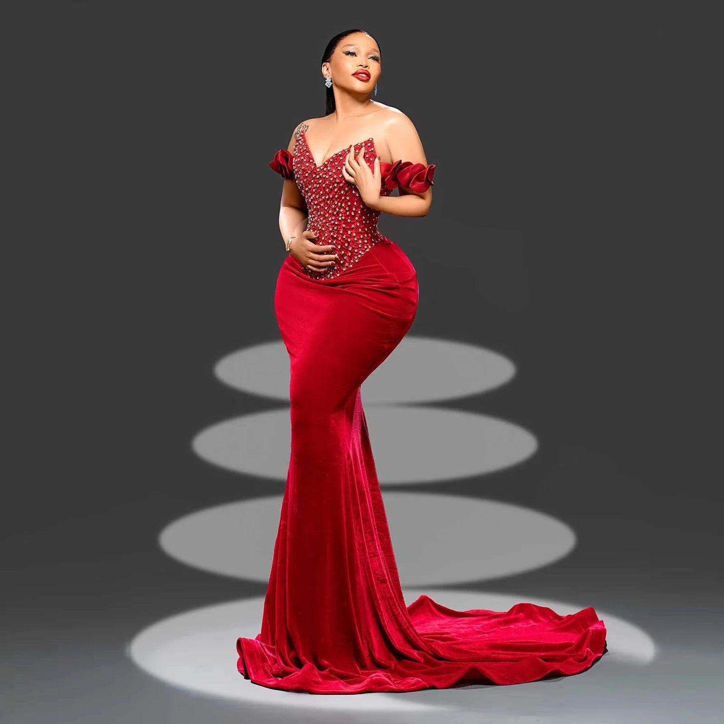 EVLAST Customized Elegance Red Velvet Evening Dress Rhinestones African Wedding Reception Aso Ebi Women Birthday Dress E3P352