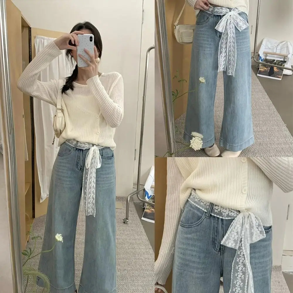 Unique Y2k Long Lace Waistband Floral Bow Lace Waist Belt Tie Up Thin Dress Jeans Belt Summer