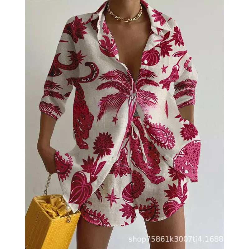 Summer Vacation Print Casual Two-piece Set Women Spring Lapel Shirt&Shorts Outfit Female 3/4 Sleeve Loose Suit Women's Clothing