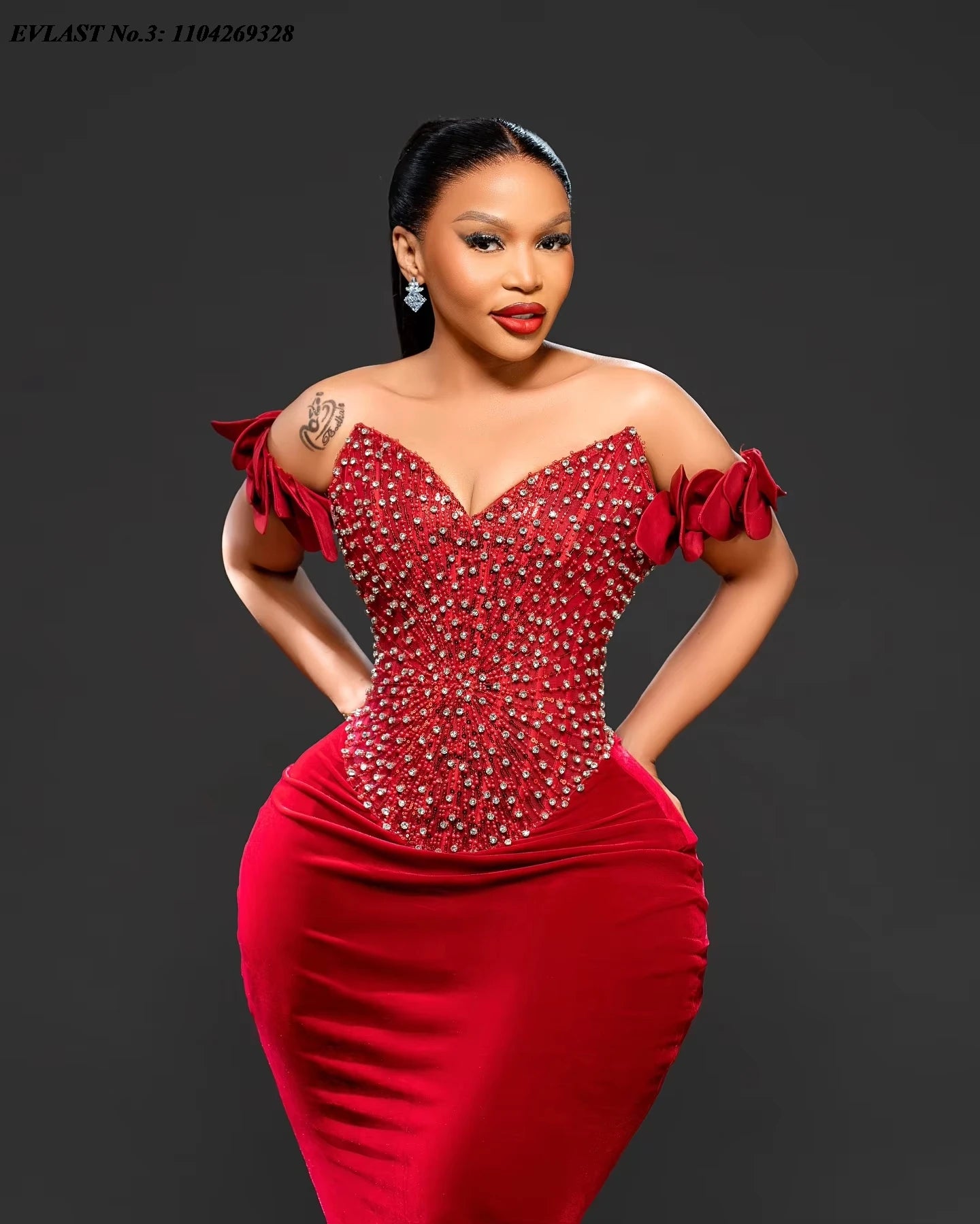 EVLAST Customized Elegance Red Velvet Evening Dress Rhinestones African Wedding Reception Aso Ebi Women Birthday Dress E3P352
