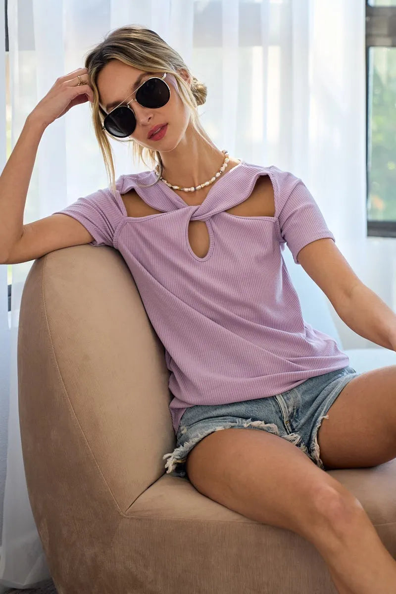 Rib Knit Cut Out Front Twist Top
