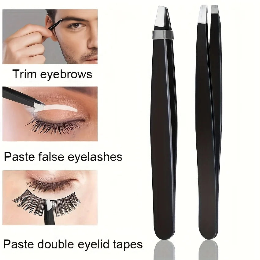 Stainless Steel Black Eyebrow Tweezer with Slant and Flat Point Beauty Tools for Eyelash Tweezer & Ingrown Hair Removal