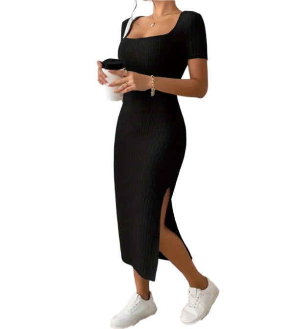 Simple Solid Color Knitted Dress with Short Sleeves