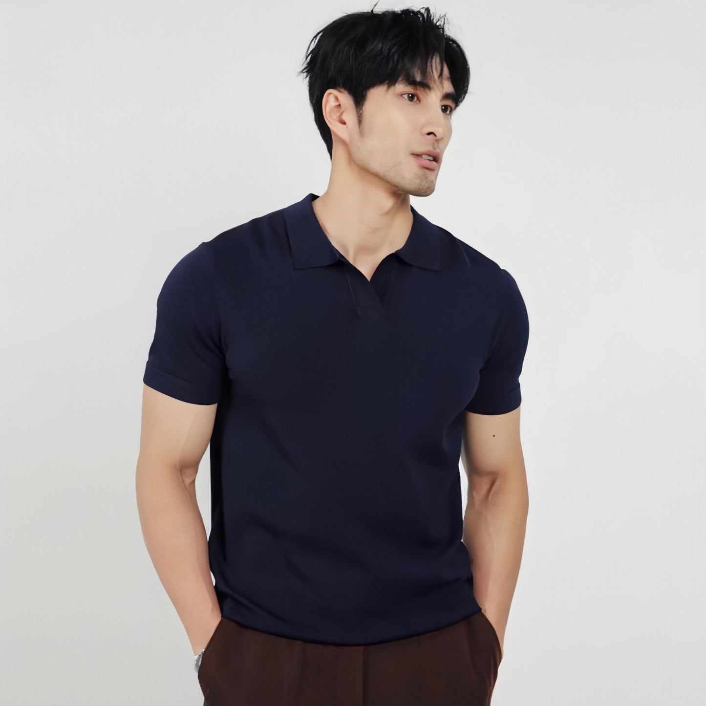 Lightly Mature Men's Solid Color Lapel Knitted Polo Shirt