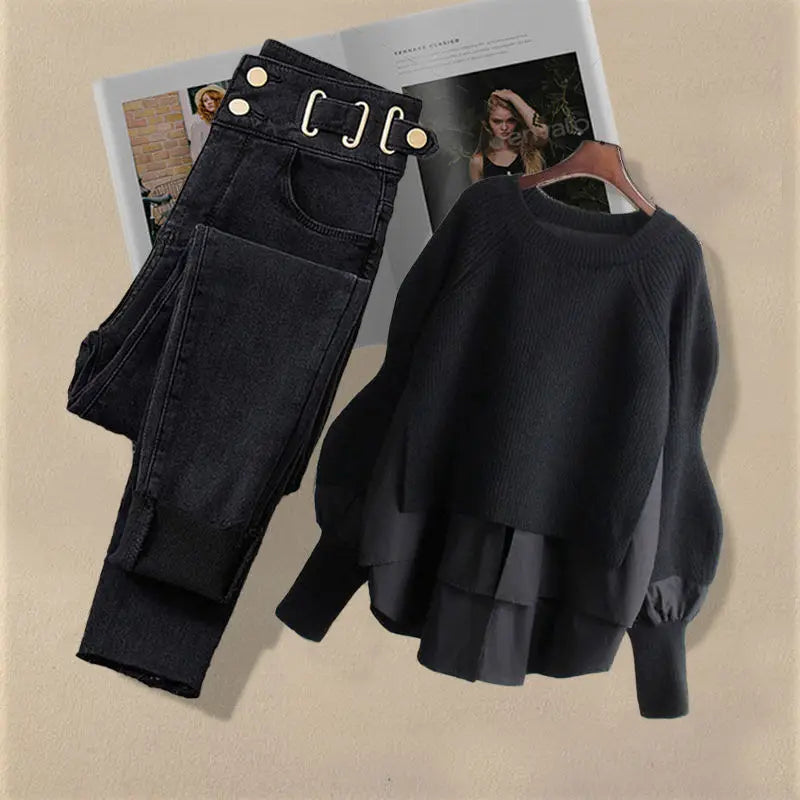 Korean Inspired Matching Set - Trendy Blouse & Slim Jeans