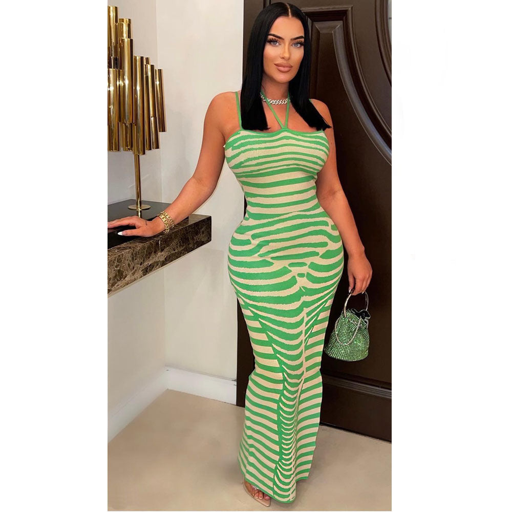 Women's Sunken Stripe Positioning Printed Suspender Dress