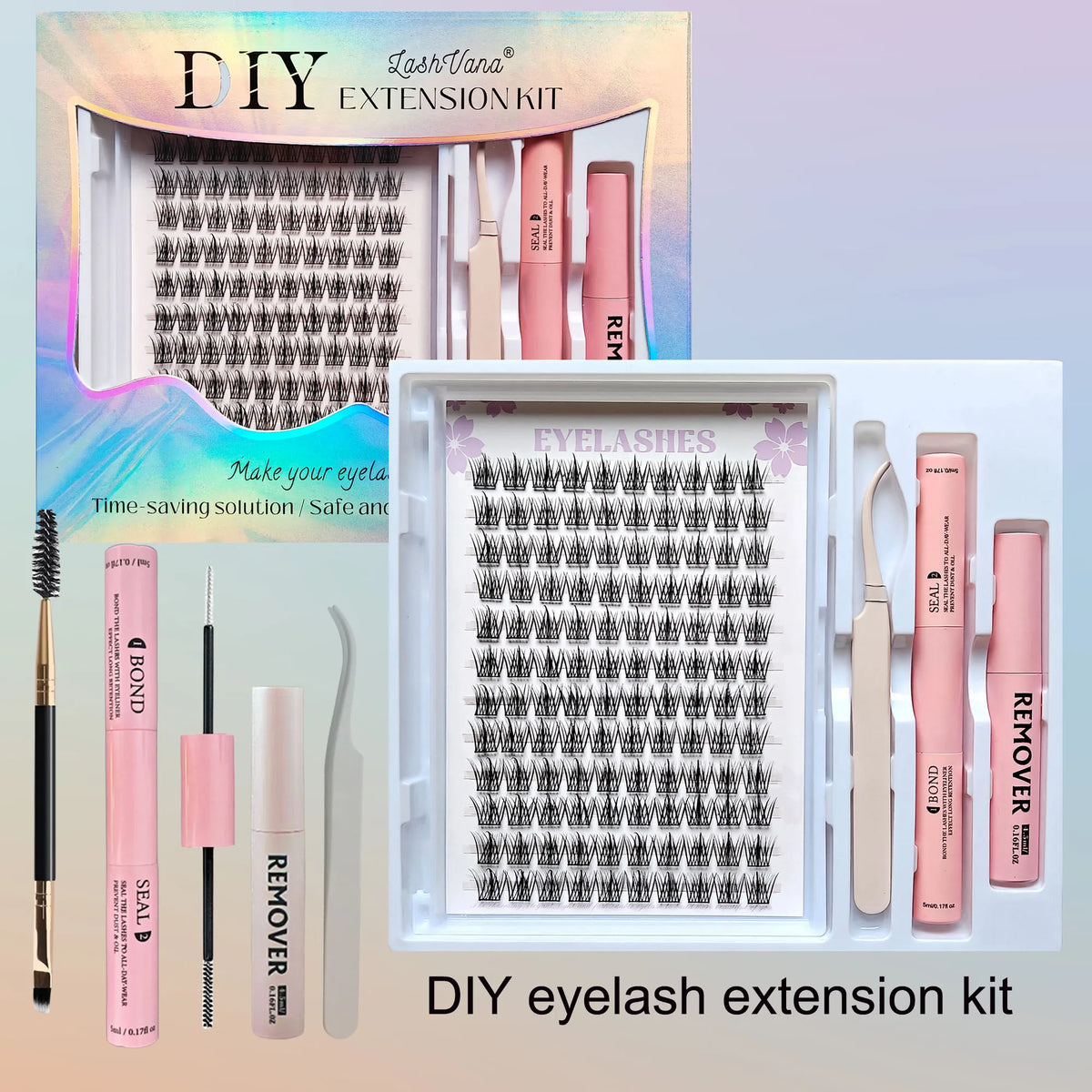 LASHVNNA Lash Clusters Kit With Waterproof Strong Hold DIY Lash Extension Kit Lash Bond And Seal And Eyelash Tweezers Makeup