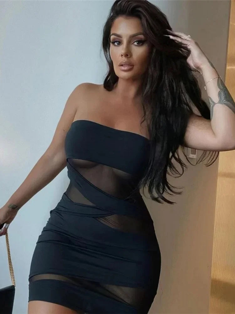Slash Neck Black Vestidos De Mujer Mini Y2k Clothes Sexi Night Dress Hot Club Outfits Mesh See Through Bodycon Dress For Women