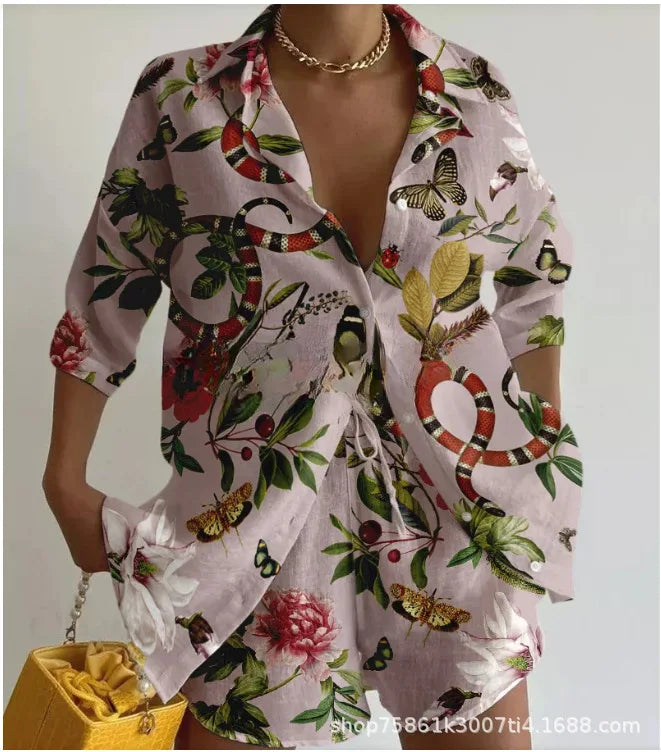 Summer Vacation Print Casual Two-piece Set Women Spring Lapel Shirt&Shorts Outfit Female 3/4 Sleeve Loose Suit Women's Clothing