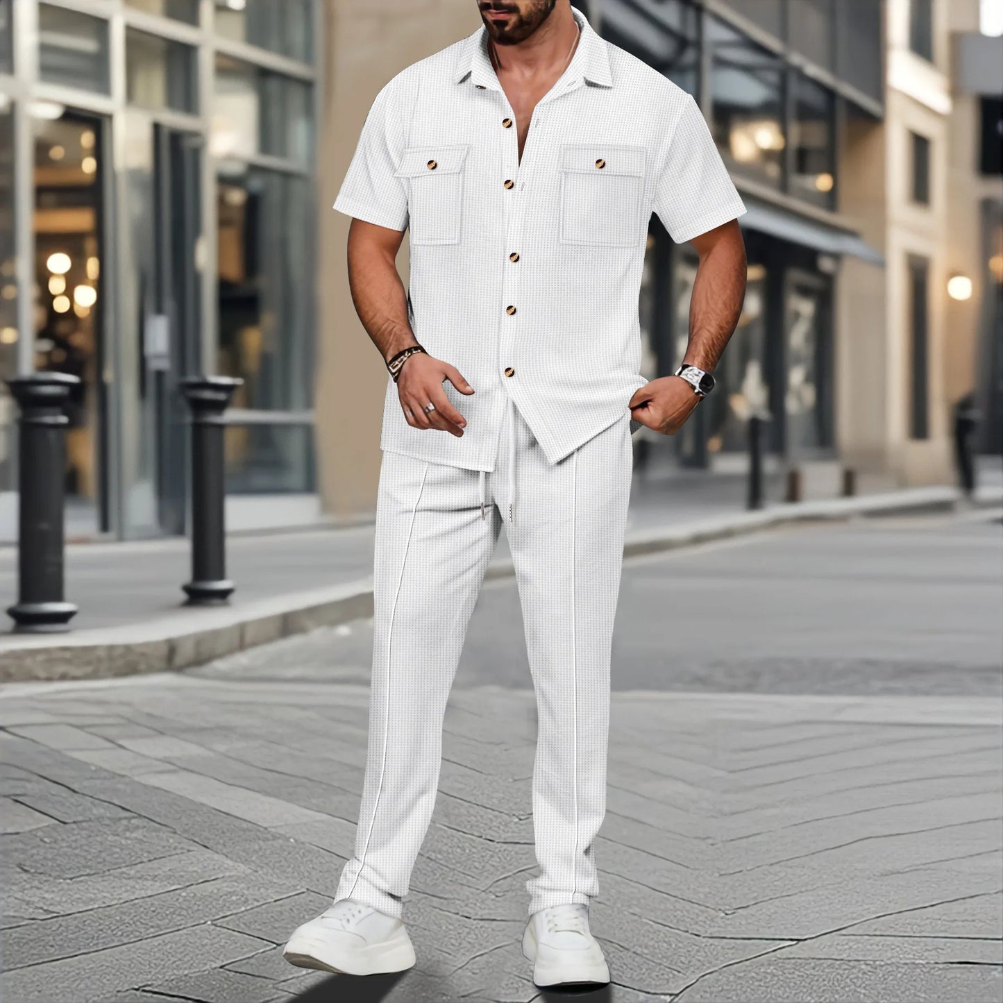 Men's waffle trend shirt short-sleeved two-piece set