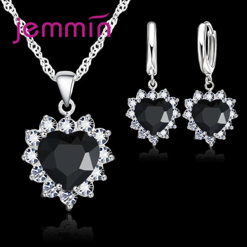 Top Sale Wding Engagement Anniversary Gift Jewelry Sets 925 Silver Color Stamped Heart Pendant Hoop Earrings for Women Girls