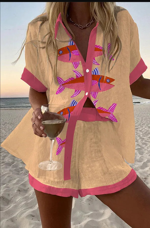 2025 New Style Vacation Cruise Set, Two Piece Set, Digital Print, Tropical Printed Necklace Shirt+Wide Leg Pants Women's Wear