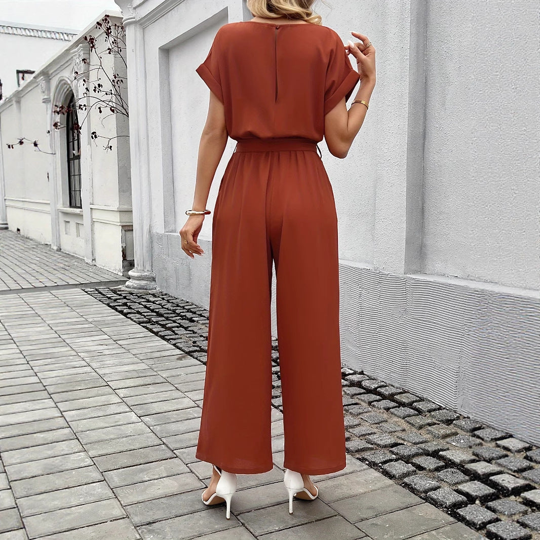 Women's Elegant Solid Color Belted Jumpsuit with Round Neck