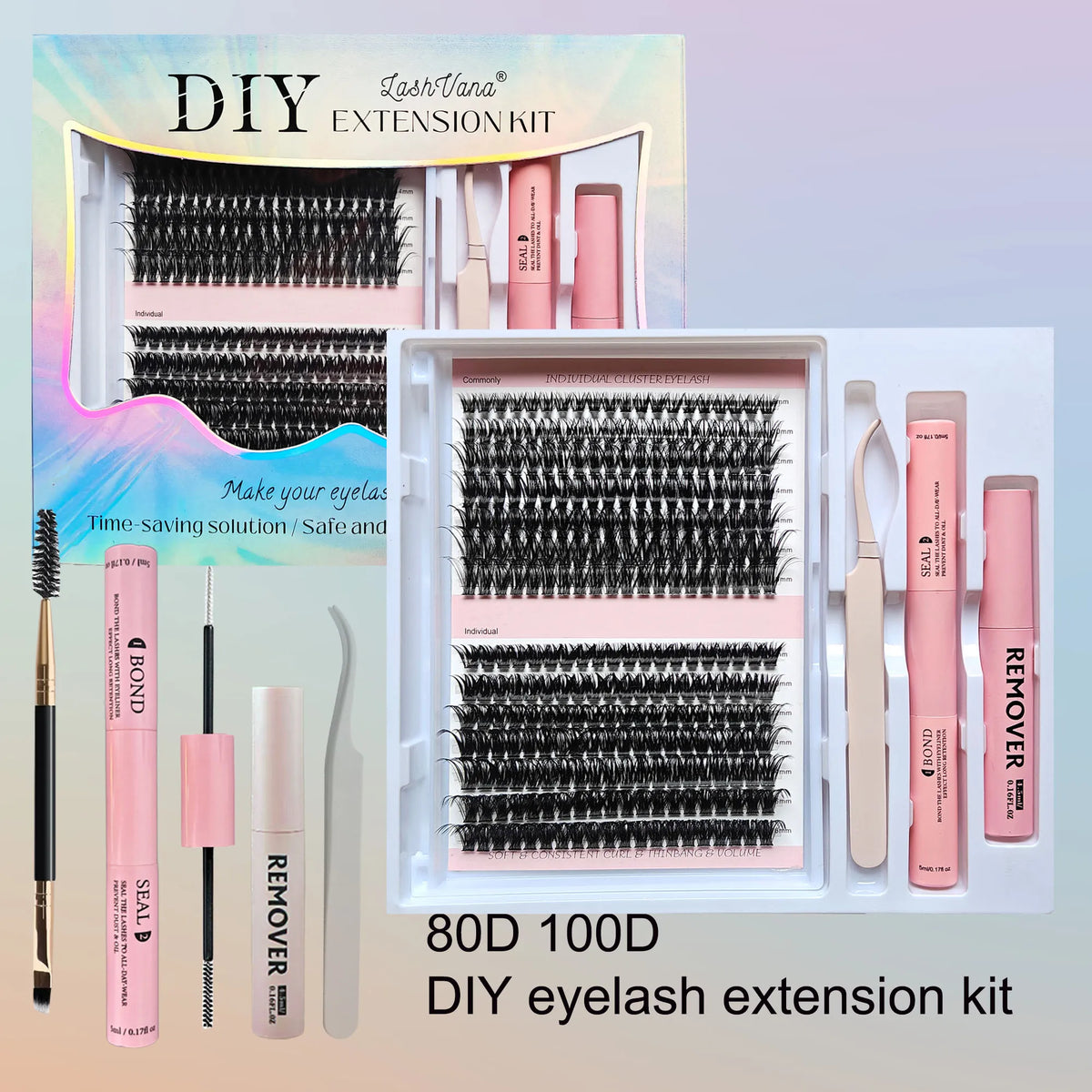 LASHVNNA Lash Clusters Kit With Waterproof Strong Hold DIY Lash Extension Kit Lash Bond And Seal And Eyelash Tweezers Makeup