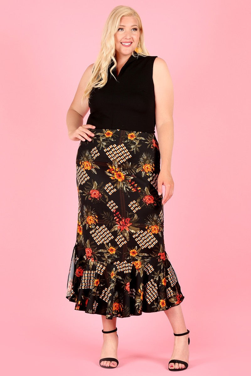 High Waist Printed Midi Skirt with Mermaid Bottom