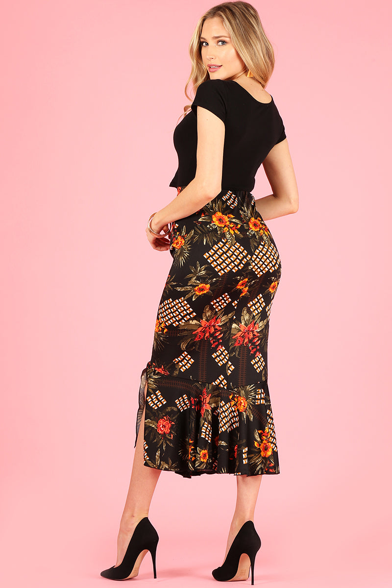 High Waist Printed Midi Skirt with Mermaid Bottom