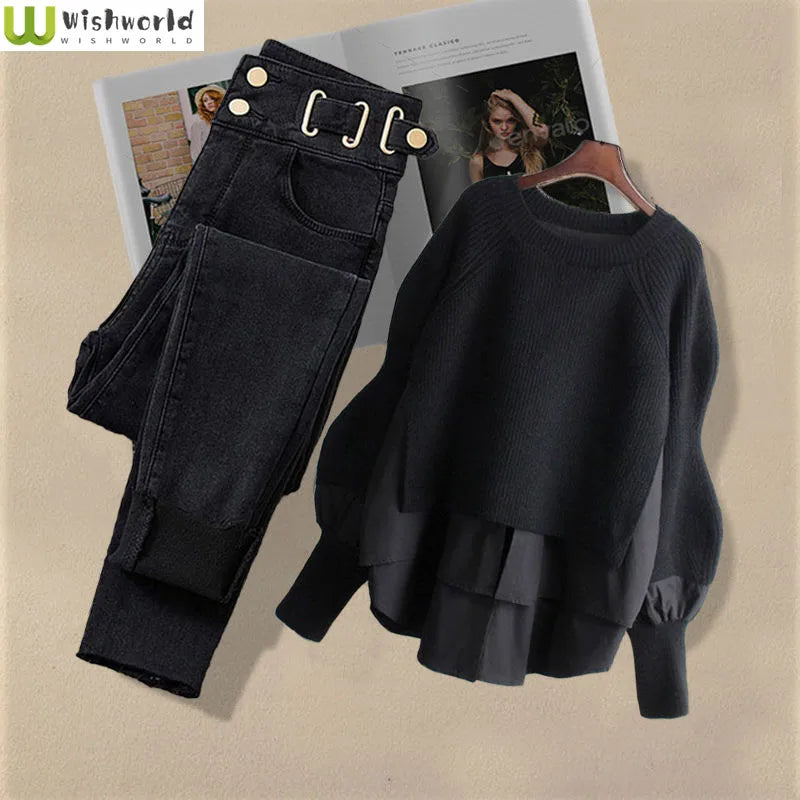 Korean Inspired Matching Set - Trendy Blouse & Slim Jeans