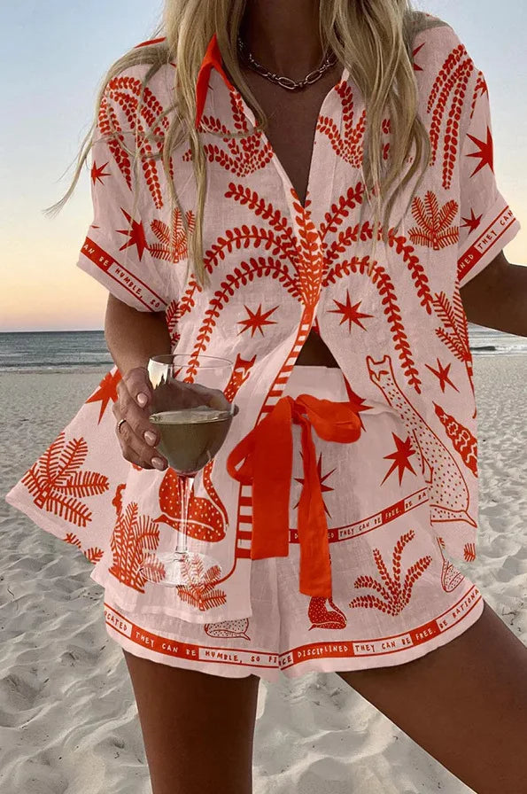 2025 New Style Vacation Cruise Set, Two Piece Set, Digital Print, Tropical Printed Necklace Shirt+Wide Leg Pants Women's Wear