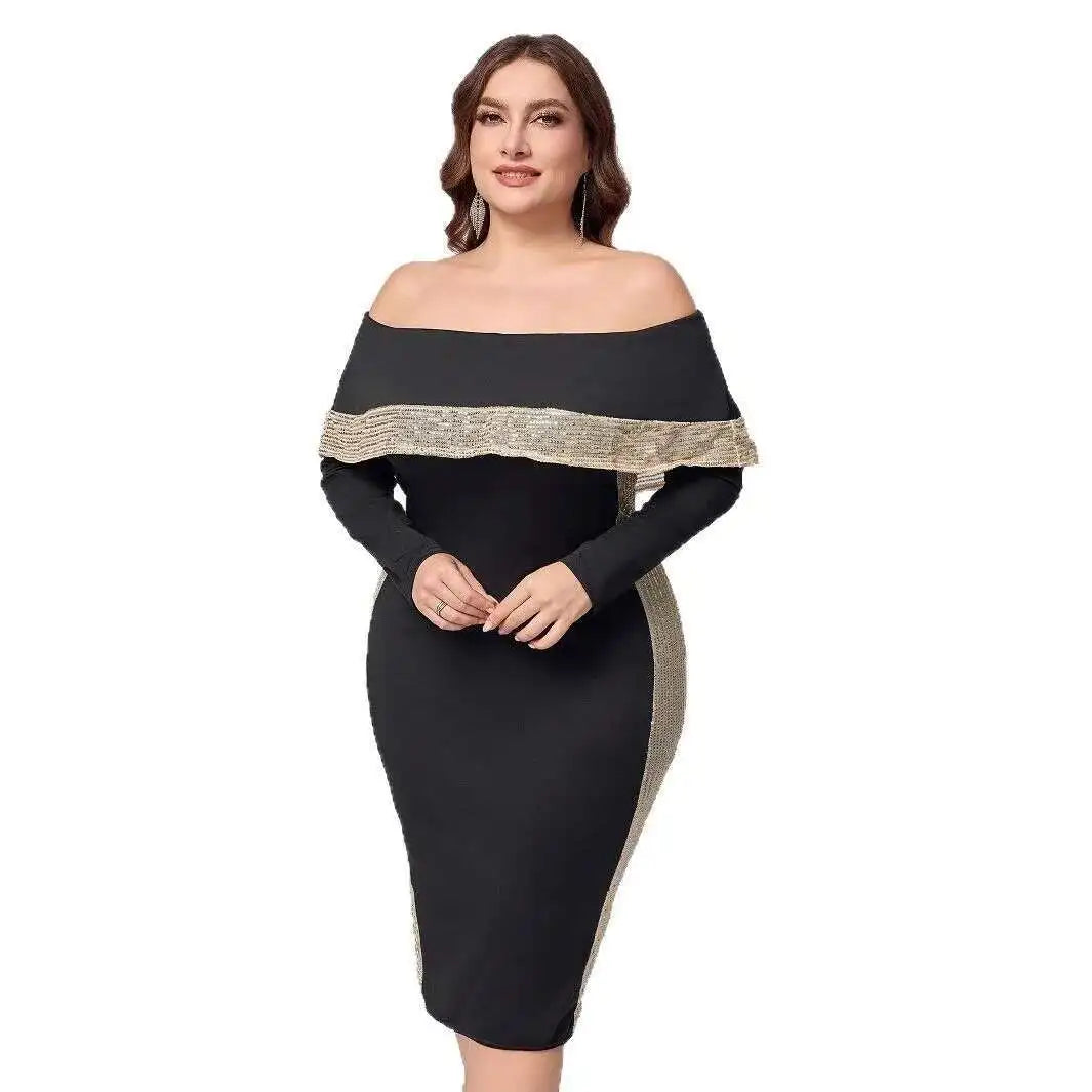 Size Large Women's New Fashion Style Elegant Off Shoulder Sequin Long Sleeved Slim Fit Hip Hugging Elegant Women's Dress Y2k