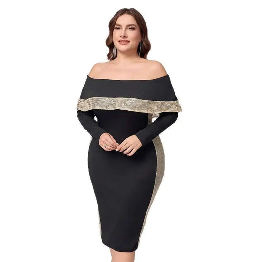 Size Large Women's New Fashion Style Elegant Off Shoulder Sequin Long Sleeved Slim Fit Hip Hugging Elegant Women's Dress Y2k