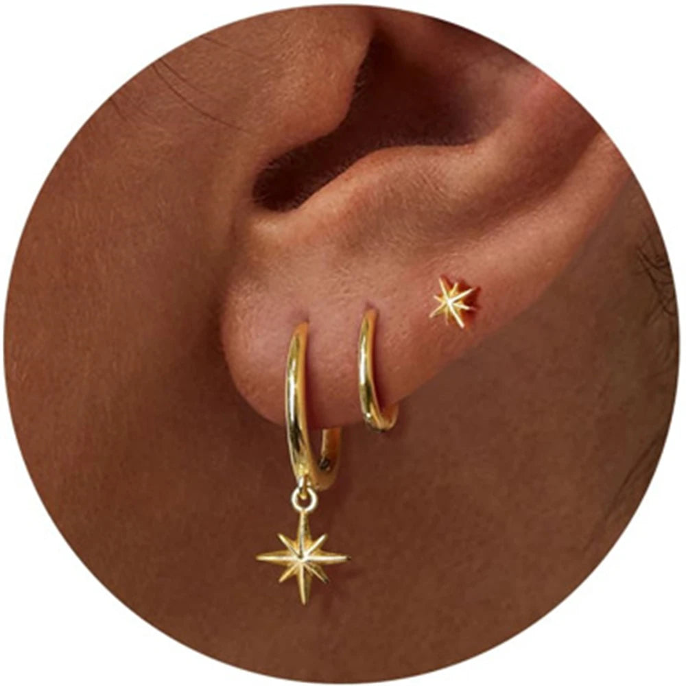 3 Piece Fashion Stainless Steel Round Star Drop Earrings Set for Women 18K Golden Plated Dangle Earring Punk Unisex Rock Jewelry