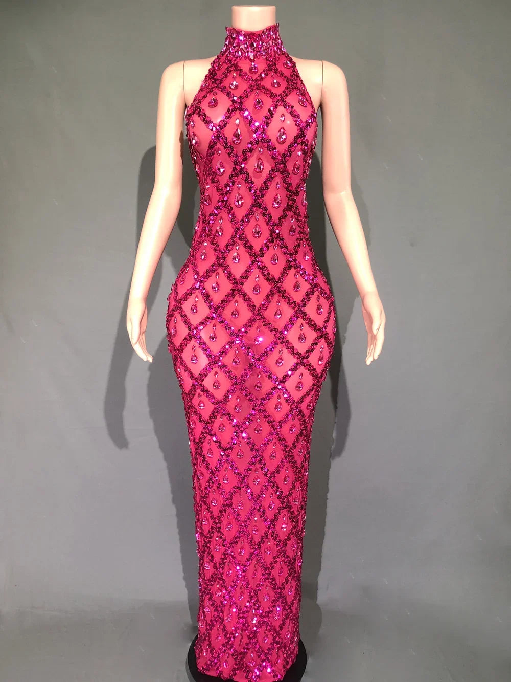 Sparkly Rhinestones Sleeveless Long Dress Elegant Dark Mesh Celebrate Evening Wedding Prom Gown Birthday Dress Photograph Wear