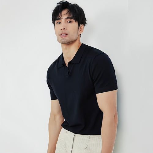 Lightly Mature Men's Solid Color Lapel Knitted Polo Shirt