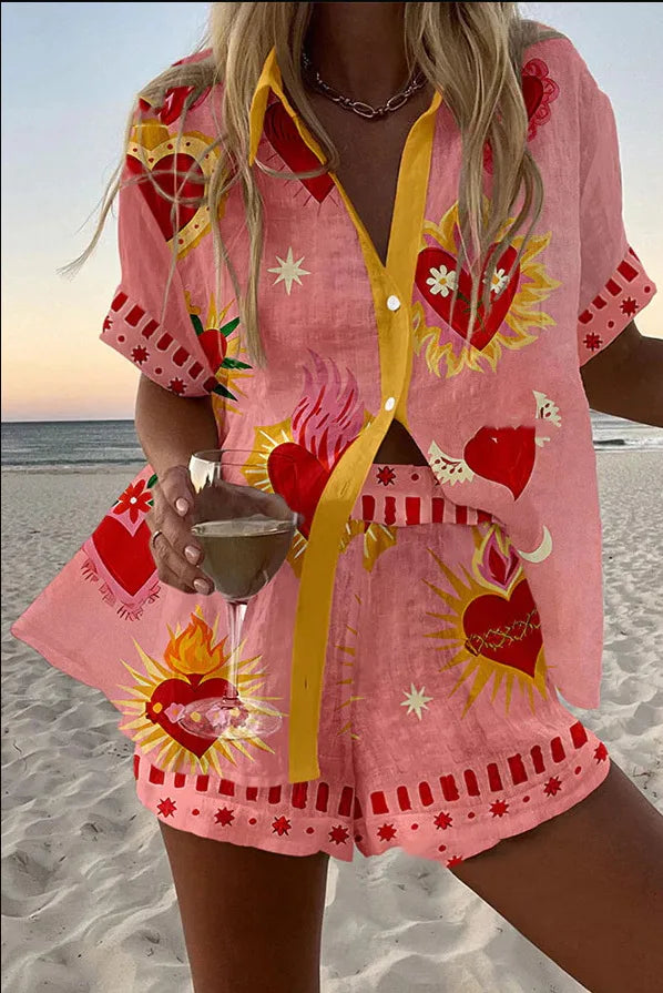 2025 New Style Vacation Cruise Set, Two Piece Set, Digital Print, Tropical Printed Necklace Shirt+Wide Leg Pants Women's Wear