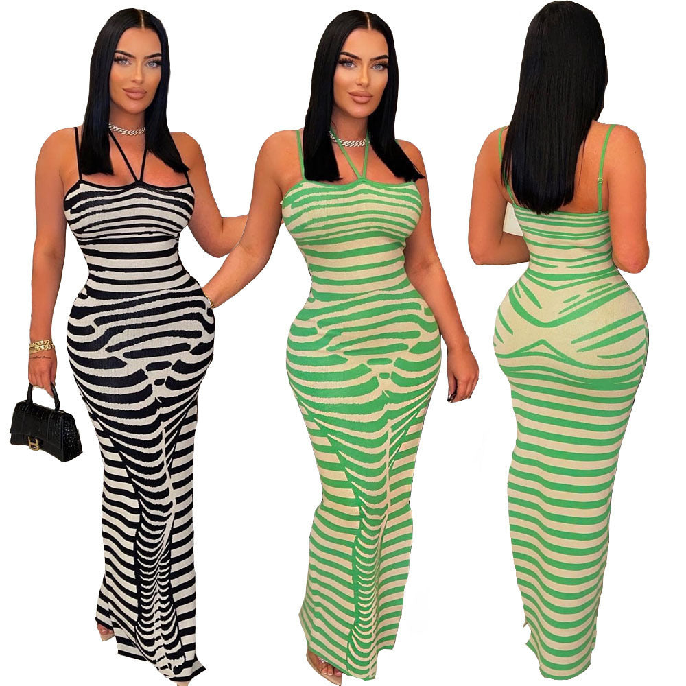 Women's Sunken Stripe Positioning Printed Suspender Dress