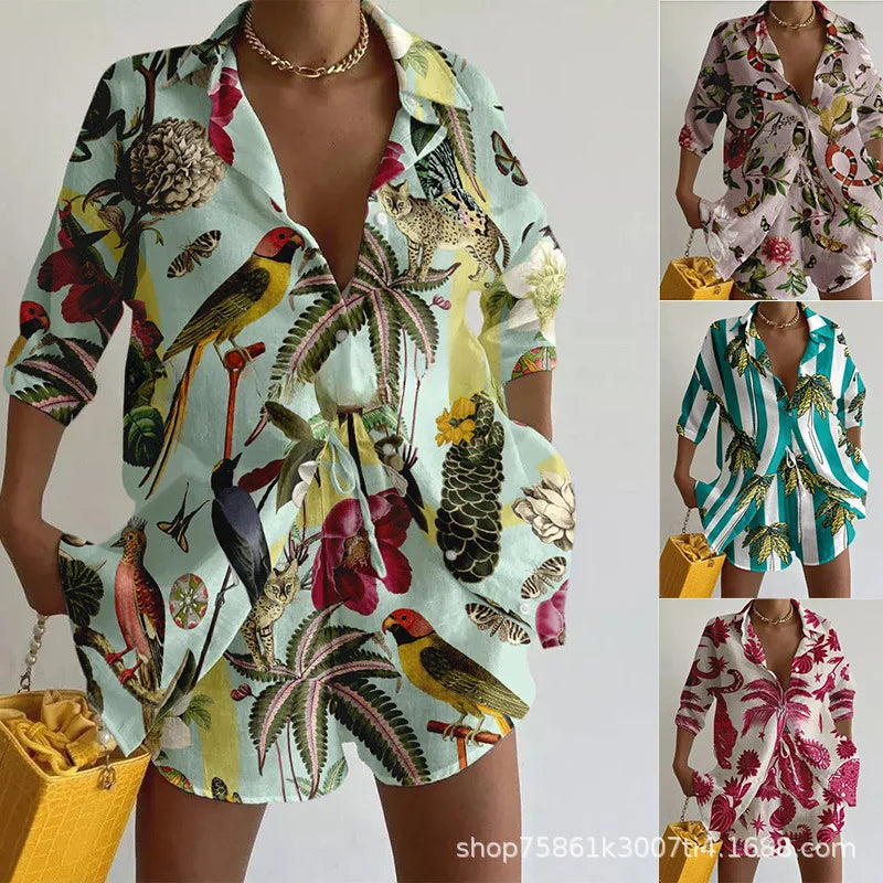 Summer Vacation Print Casual Two-piece Set Women Spring Lapel Shirt&Shorts Outfit Female 3/4 Sleeve Loose Suit Women's Clothing