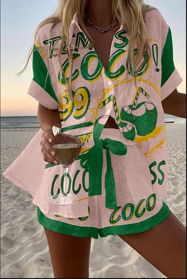 2025 New Style Vacation Cruise Set, Two Piece Set, Digital Print, Tropical Printed Necklace Shirt+Wide Leg Pants Women's Wear