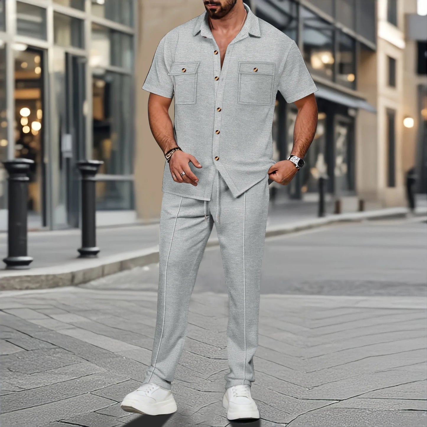 Men's waffle trend shirt short-sleeved two-piece set