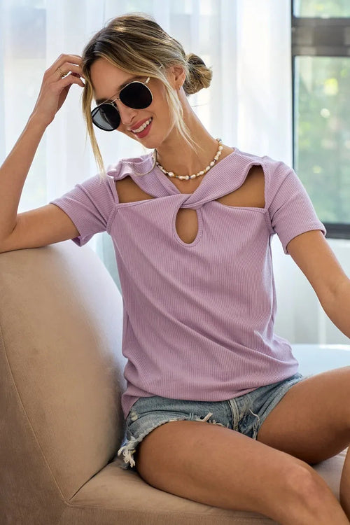 Rib Knit Cut Out Front Twist Top