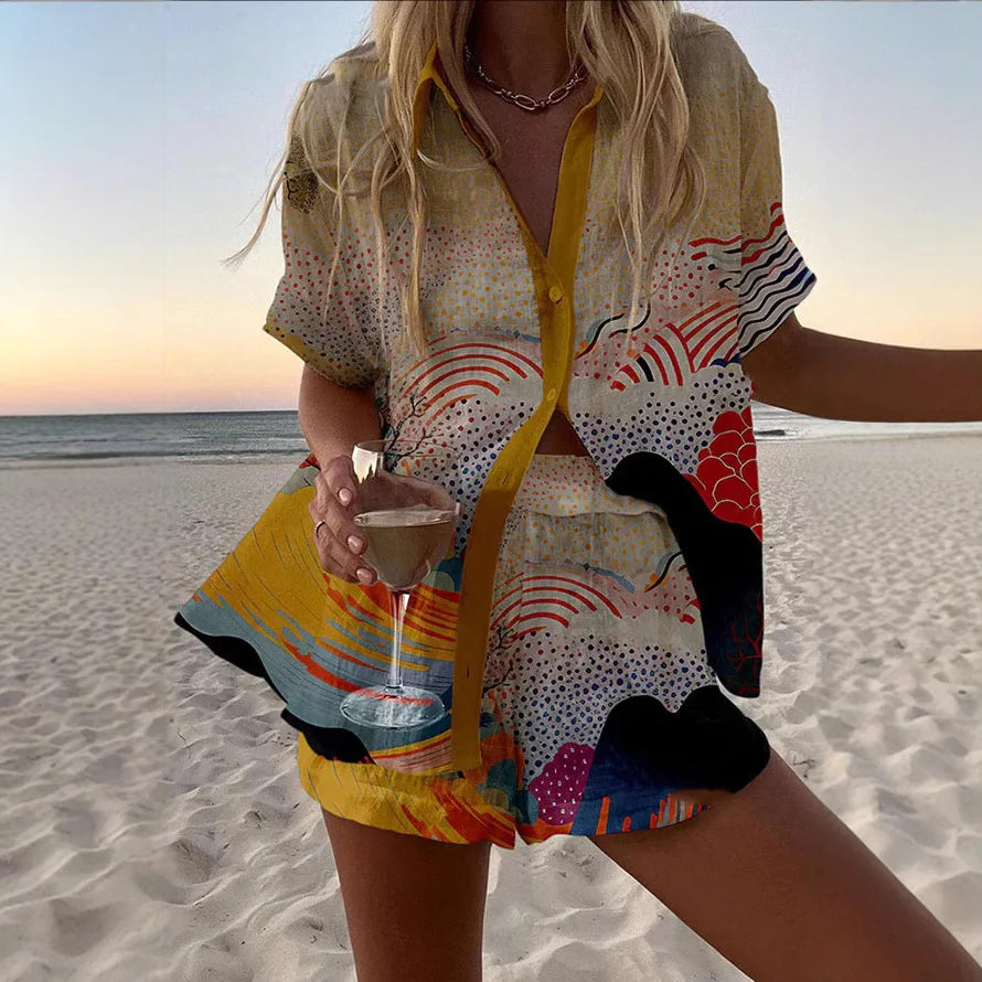 2025 New Style Vacation Cruise Set, Two Piece Set, Digital Print, Tropical Printed Necklace Shirt+Wide Leg Pants Women's Wear