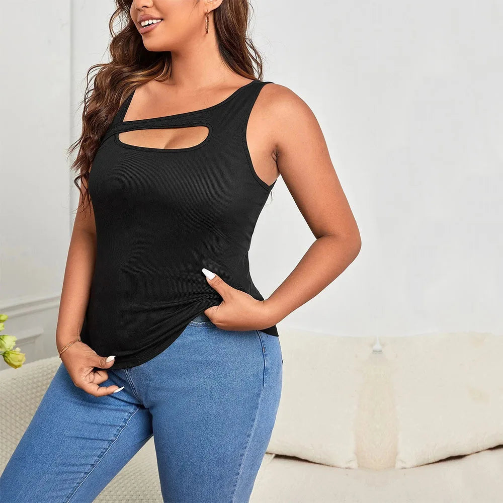 Large Size Women's 2025 New Ins Style Asymmetrical Shoulder Strap Hollowed Out Slim Fit Solid Color Vest Top Blouses Woman Y2k