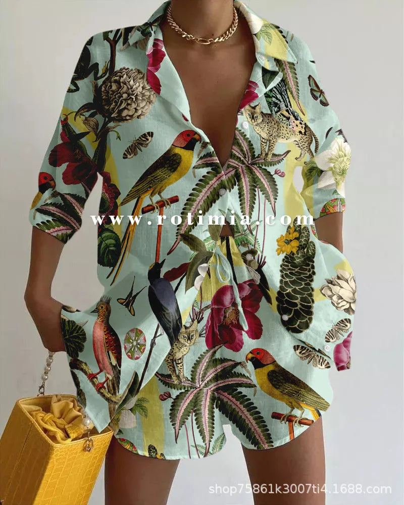 Summer Vacation Print Casual Two-piece Set Women Spring Lapel Shirt&Shorts Outfit Female 3/4 Sleeve Loose Suit Women's Clothing
