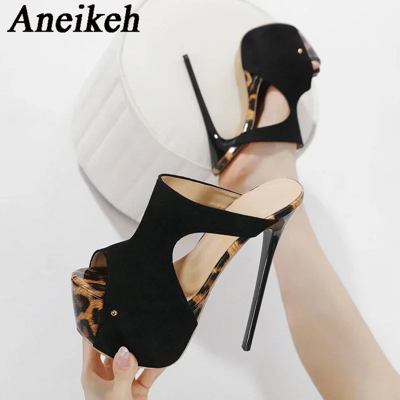 Aneikeh Summer Extreme Platform High Heels Black Leopard Print Rivet Slippers Ladies Sexy Slingback Sandals Mules Slides Shoes